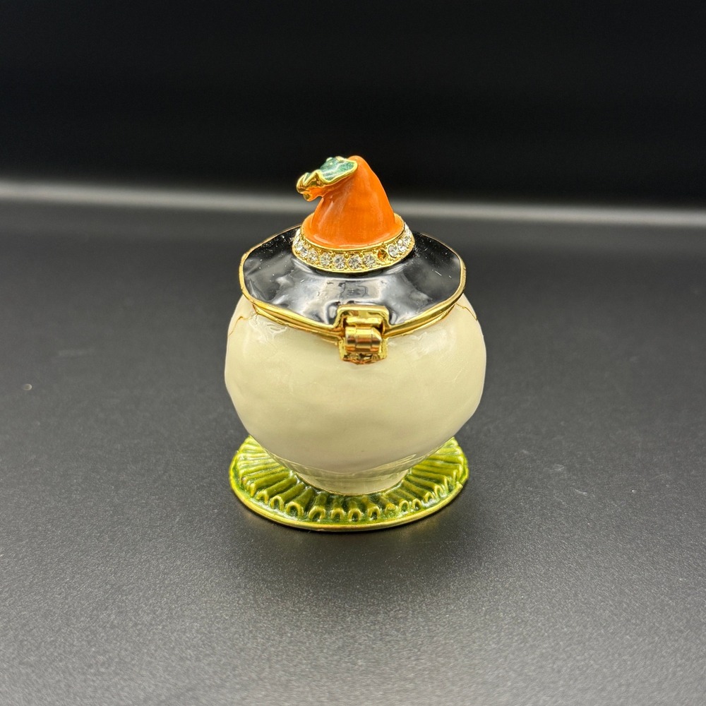 Halloween Skull Witch Hat Enamel Trinket Box Crystal Accents Hinged Collectible - Picture 3 of 7